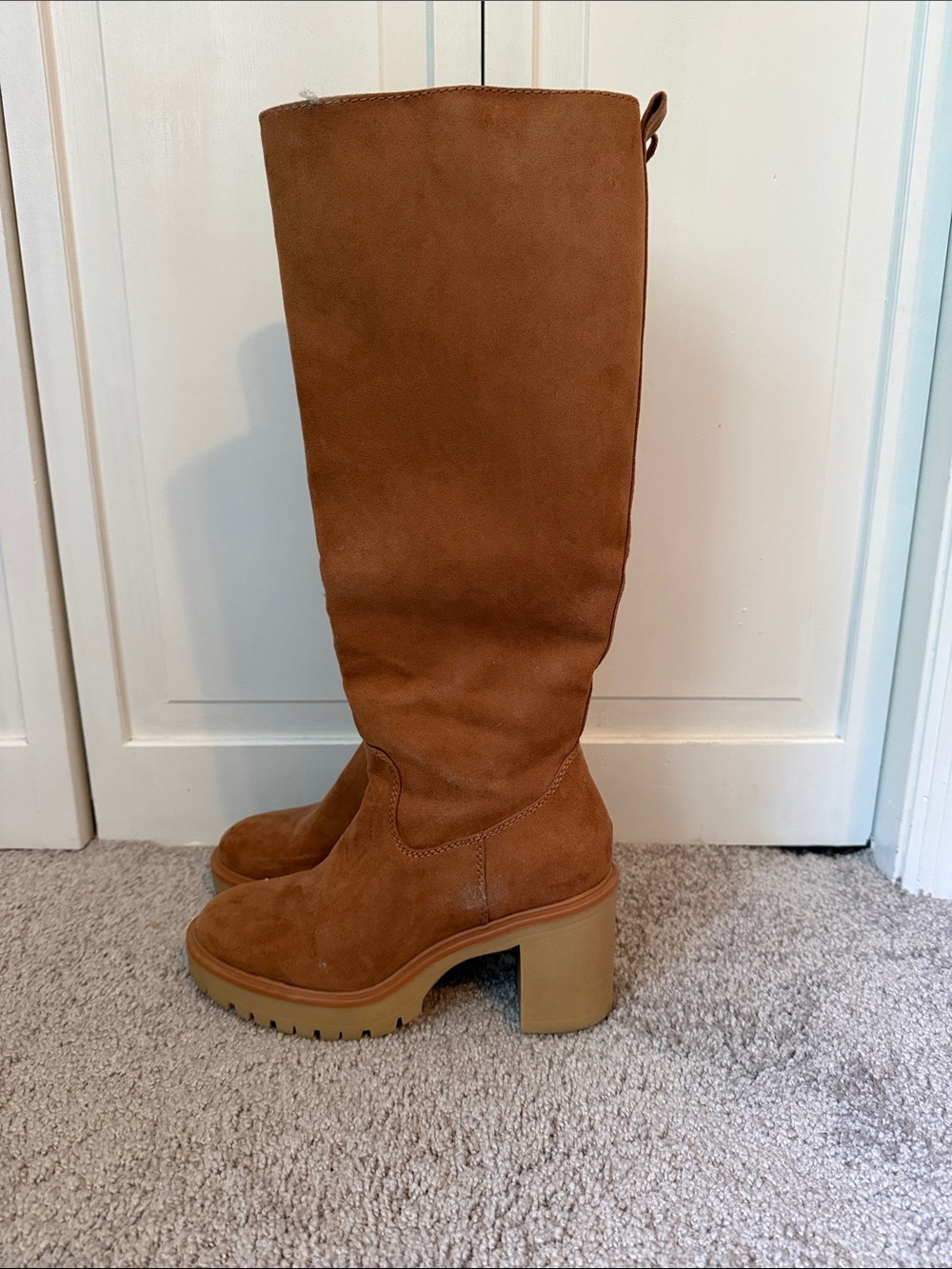 Women's Tall Faux Suede Lug Heel Boots in Camel Color - Picture 2 of 8